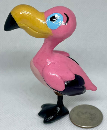 A cartoony flamingo-like palisman (a familiar-esque creature based on the Owl House series) commission. As palismans are often fused with a wizard’s staff, the flamingo has only one foot, which telescopes out while in “staff form”.