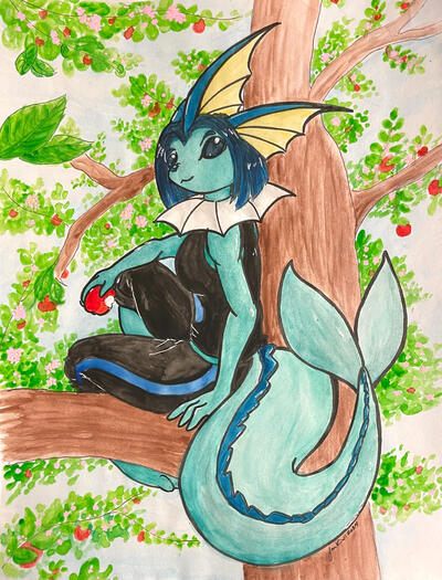 Rare fanart example, a commissioned watercolor of an anthropomorphic vaporeon perched in an apple tree in late spring, amidst pink blossoms and ripe red fruit.