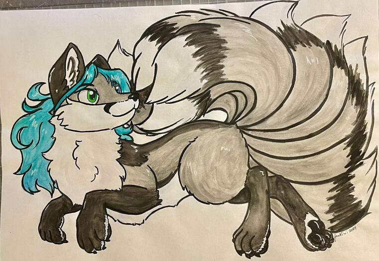 At-con watercolor commission of Aleu Moonshadow, a grey 9-tailed fox with aqua hair and green & aqua eyes. Pose requested to be similar to a red fox painting I had for sale at the same convention.