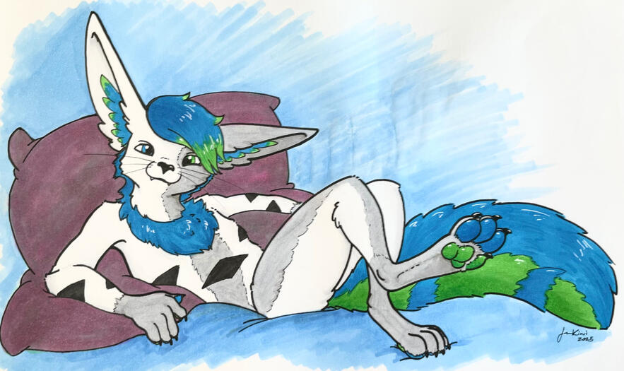 A white-and-grey-with-black-stripes, blue-and-green hair/tail/markings fennec/feline-esque lad lounges against some pillows, beans out.