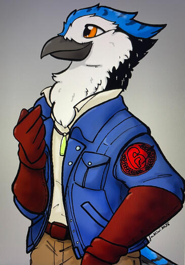 Hand-drawn and inked, digitally-colored half-body portrait of a blue jay dressed like Cid from Final Fantasy VII