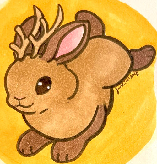 Marker drawing of a plump jackalope; sized to be stamped into a button (shown before being cropped & stamped)