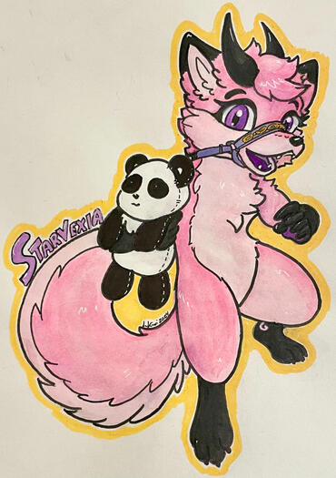 At-con chibi bage for Starvexia, painted in watercolors, shown prior to the badge being cut out and laminated.