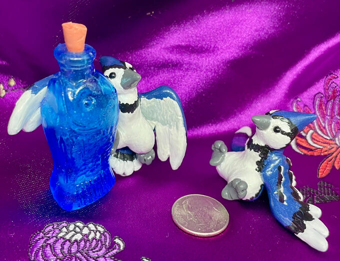 A pair of bluejays, one w/a fancy cobalt trinket bottle (for stowing small treasures!)