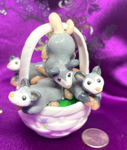 4 tiny oppossums hang out in a white basket