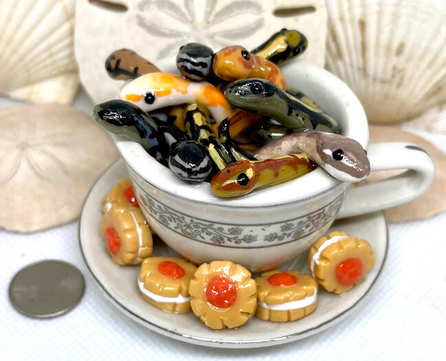 A tangle of tiny ball python color morphs twine together in a small ceramic cup-and-saucer, while a brave mouse purloins one of the raspberry-crème-sugar sandwich cookies adorning the saucer.